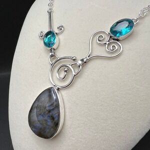 Labradorite Necklace Silver Tone Blue Scrollwork Artisan Boho Witchy Whimsygoth